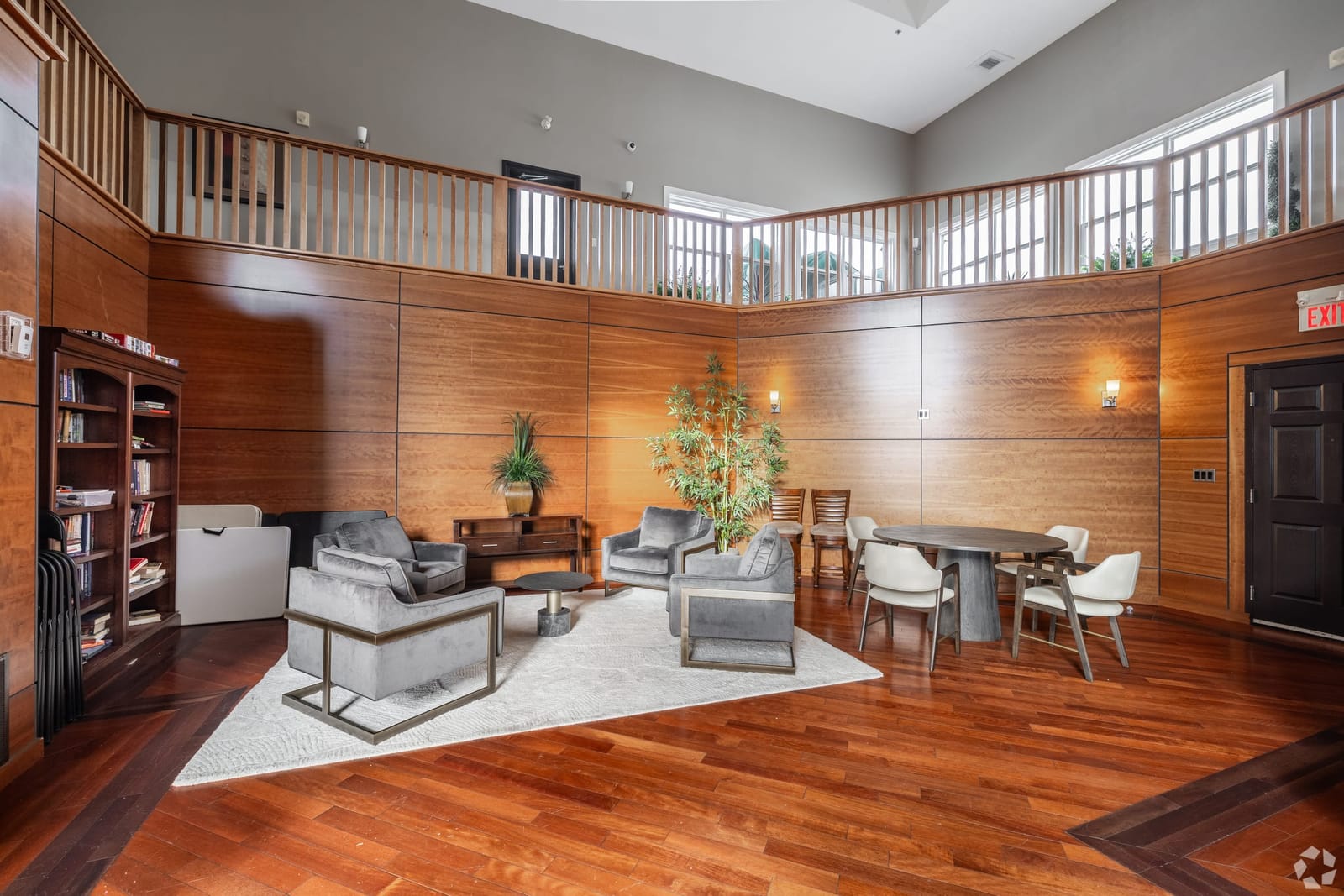 Two-storey party room with its mezzanine railing