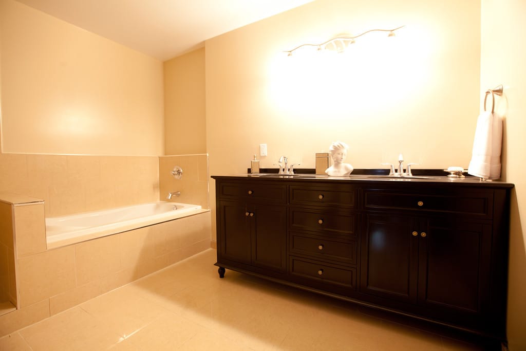 Ensuite bathroom with a soaker tub and a long vanity